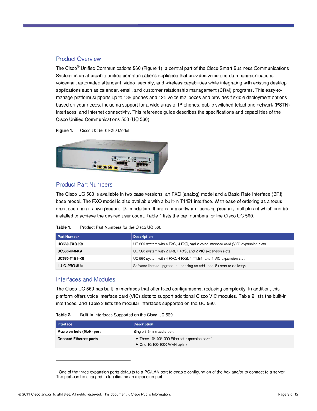 Cisco Systems UC560T1E1K9 manual Product Overview, Product Part Numbers, Interfaces and Modules 