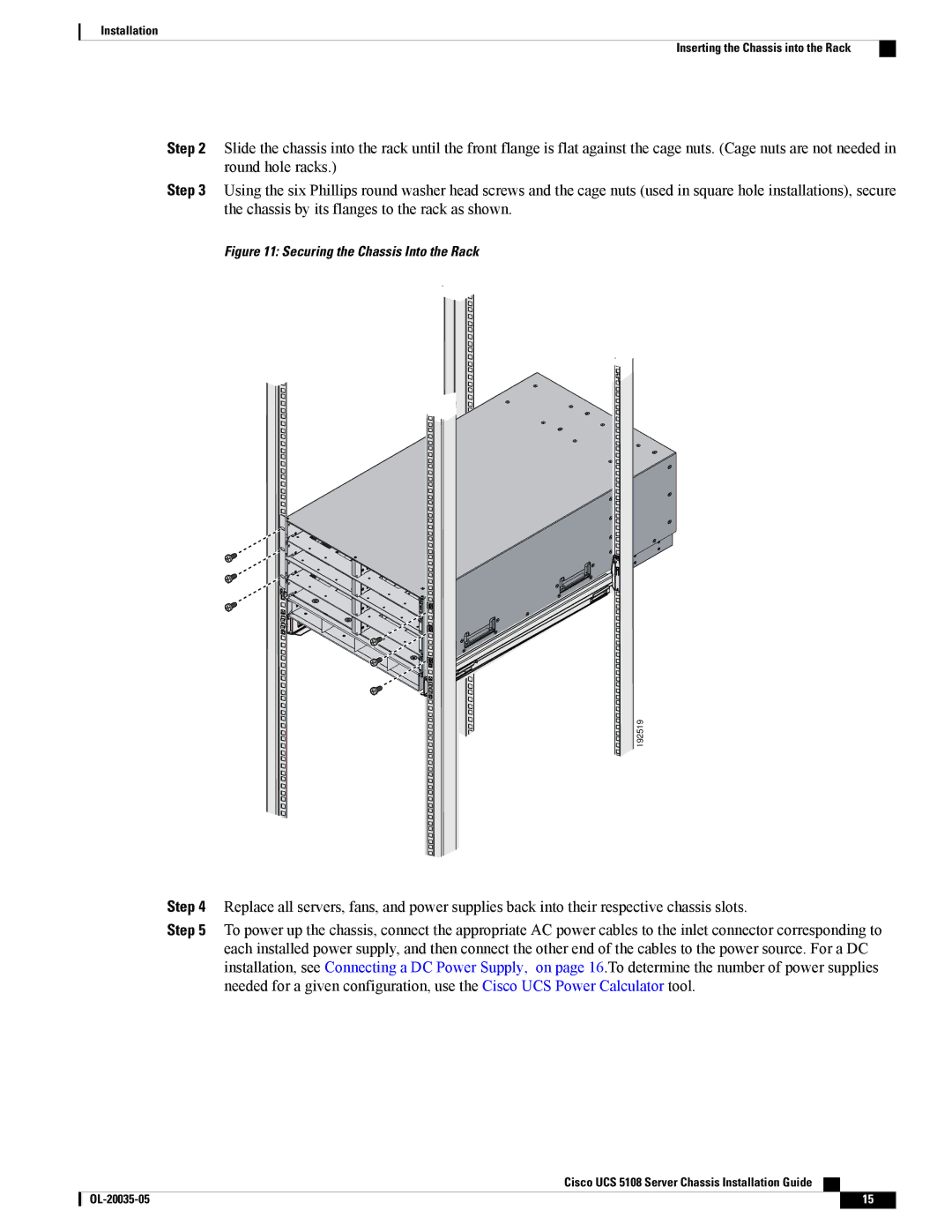 Cisco Systems UCS 5100, UCS 5108, N20C6508UPG manual Securing the Chassis Into the Rack 