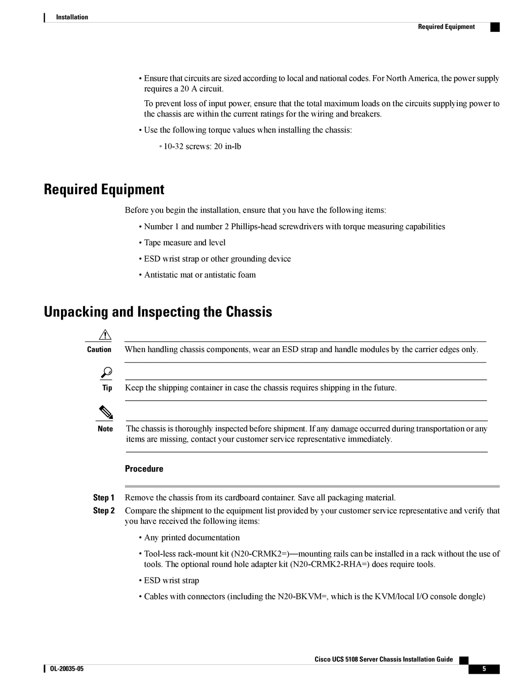 Cisco Systems N20C6508UPG, UCS 5100, UCS 5108 manual Required Equipment, Unpacking and Inspecting the Chassis 