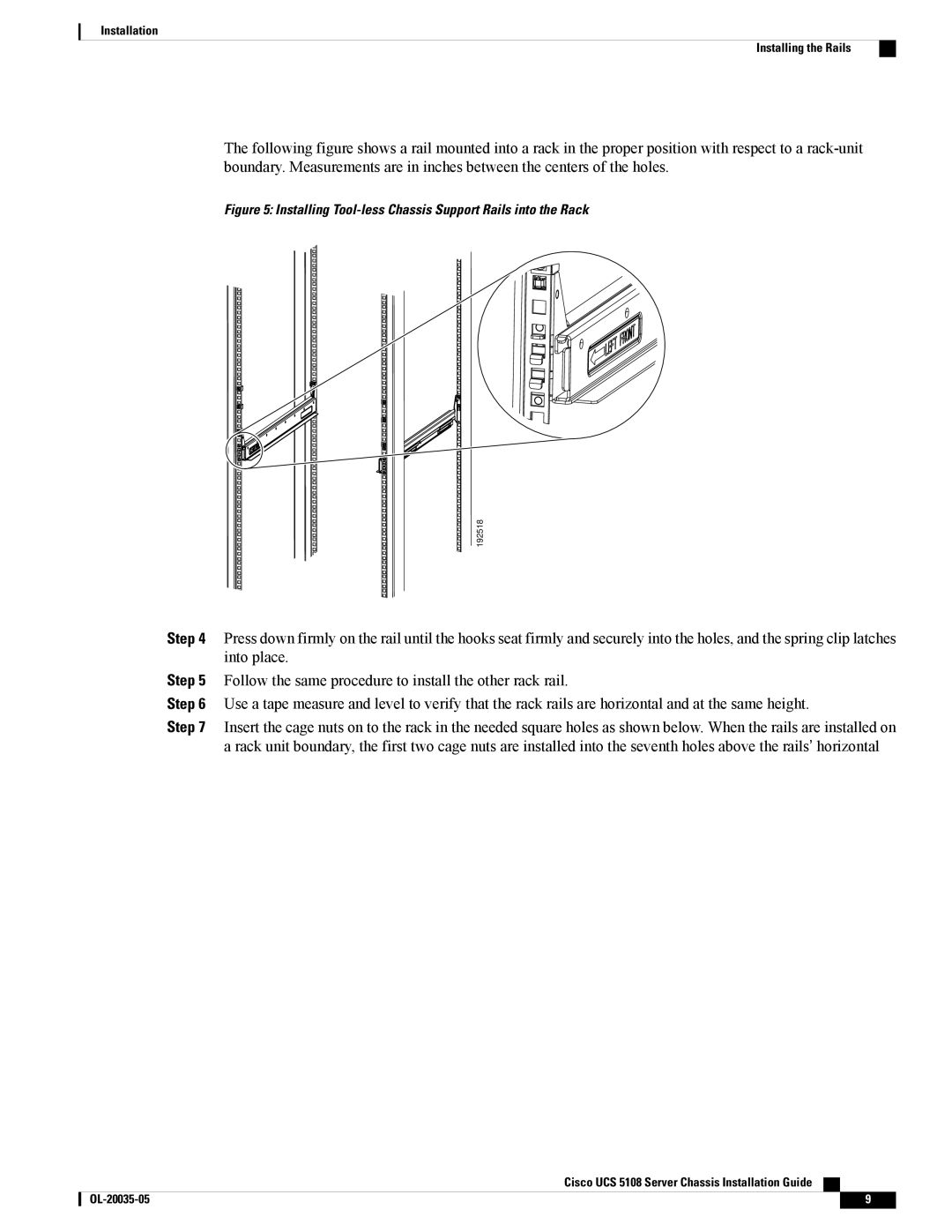 Cisco Systems UCS 5100, UCS 5108, N20C6508UPG manual Installing Tool-less Chassis Support Rails into the Rack 