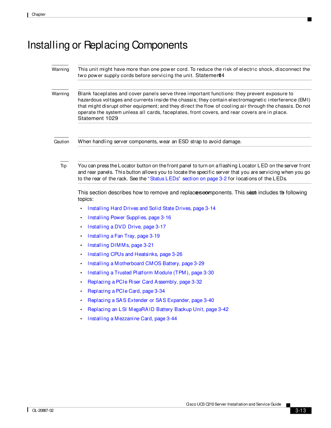 Cisco Systems UCS C210 manual Installing or Replacing Components 