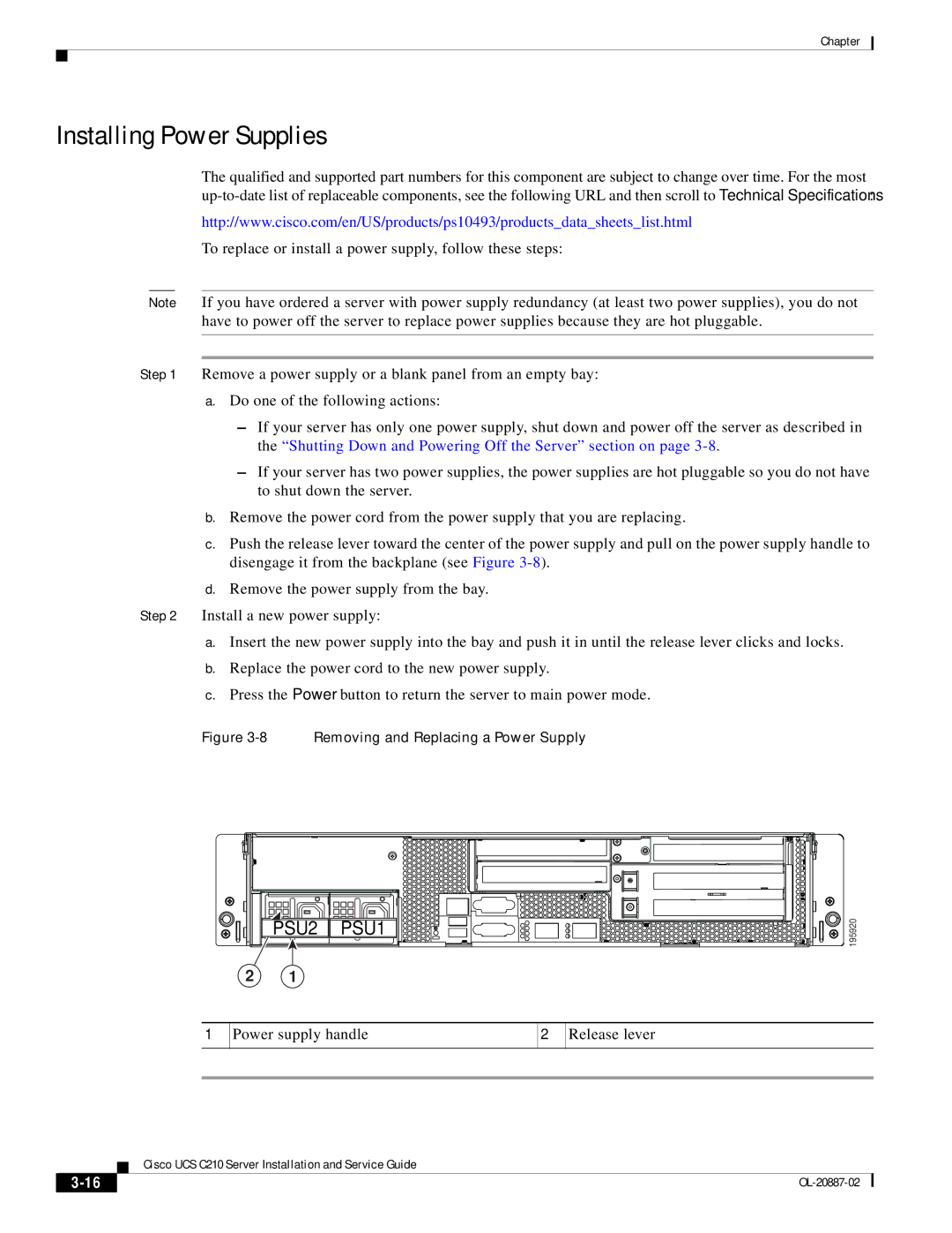 Cisco Systems UCS C210 manual Installing Power Supplies, PSU1 