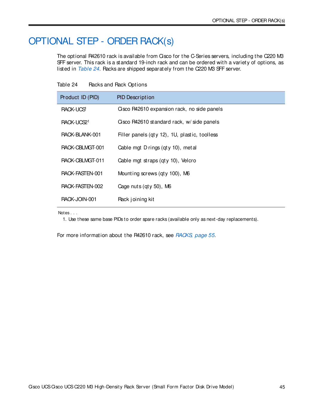 Cisco Systems A03D1TBSATA, UCS C220 M3 manual Racks and Rack Options 