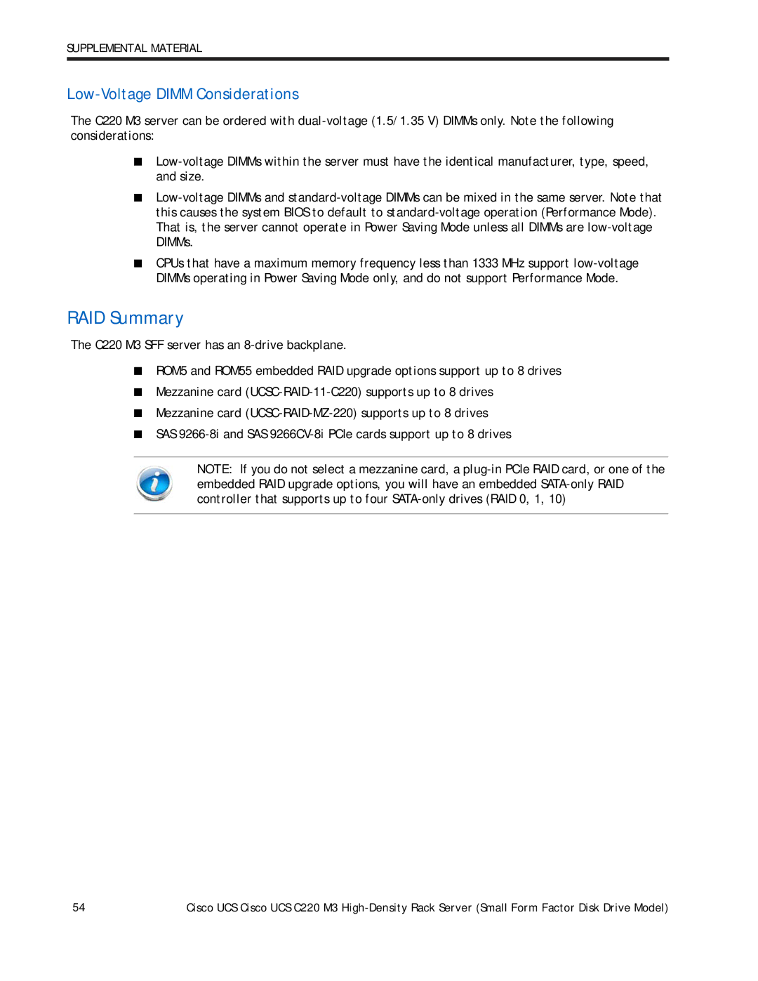 Cisco Systems UCS C220 M3, A03D1TBSATA manual RAID Summary, Low-Voltage Dimm Considerations 