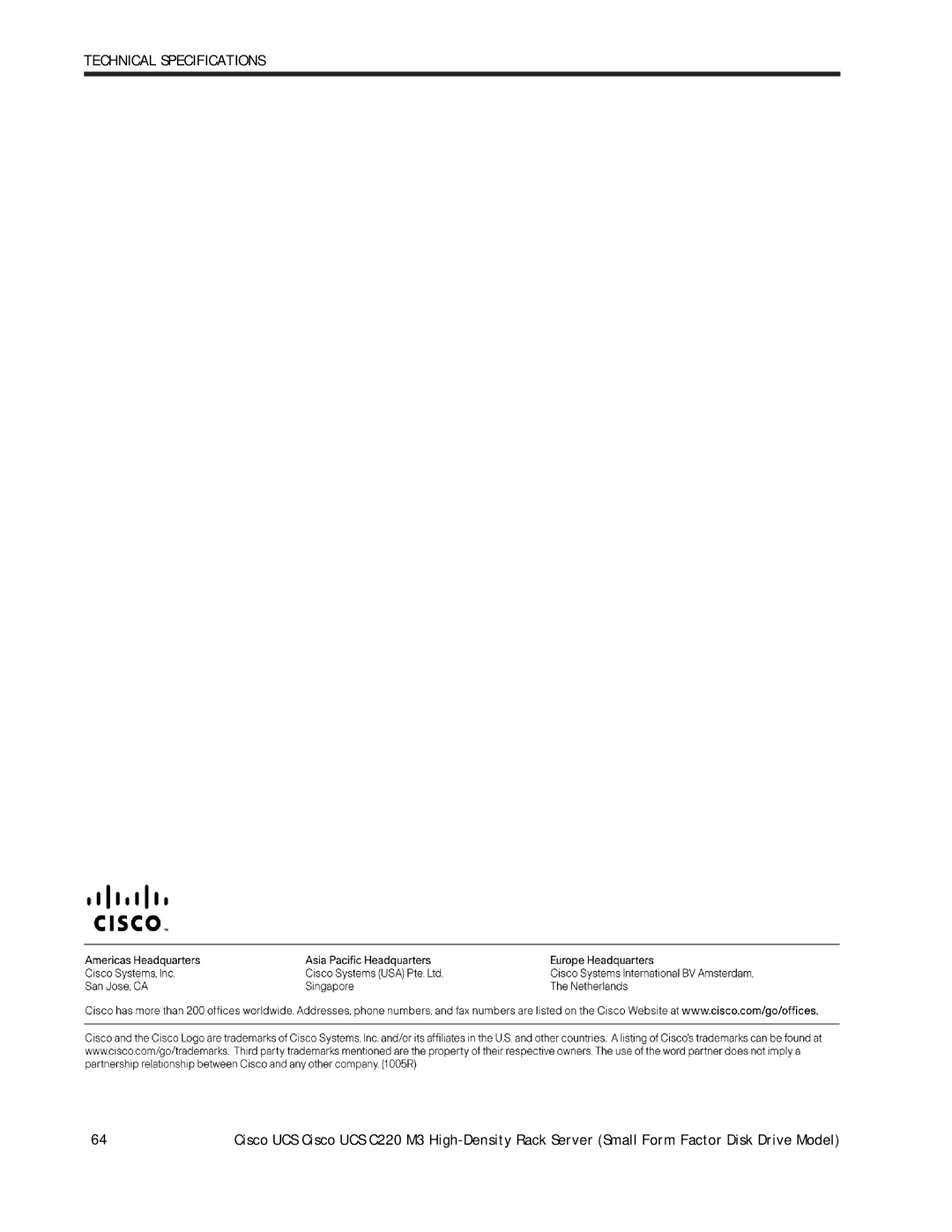 Cisco Systems UCS C220 M3, A03D1TBSATA manual Technical Specifications 