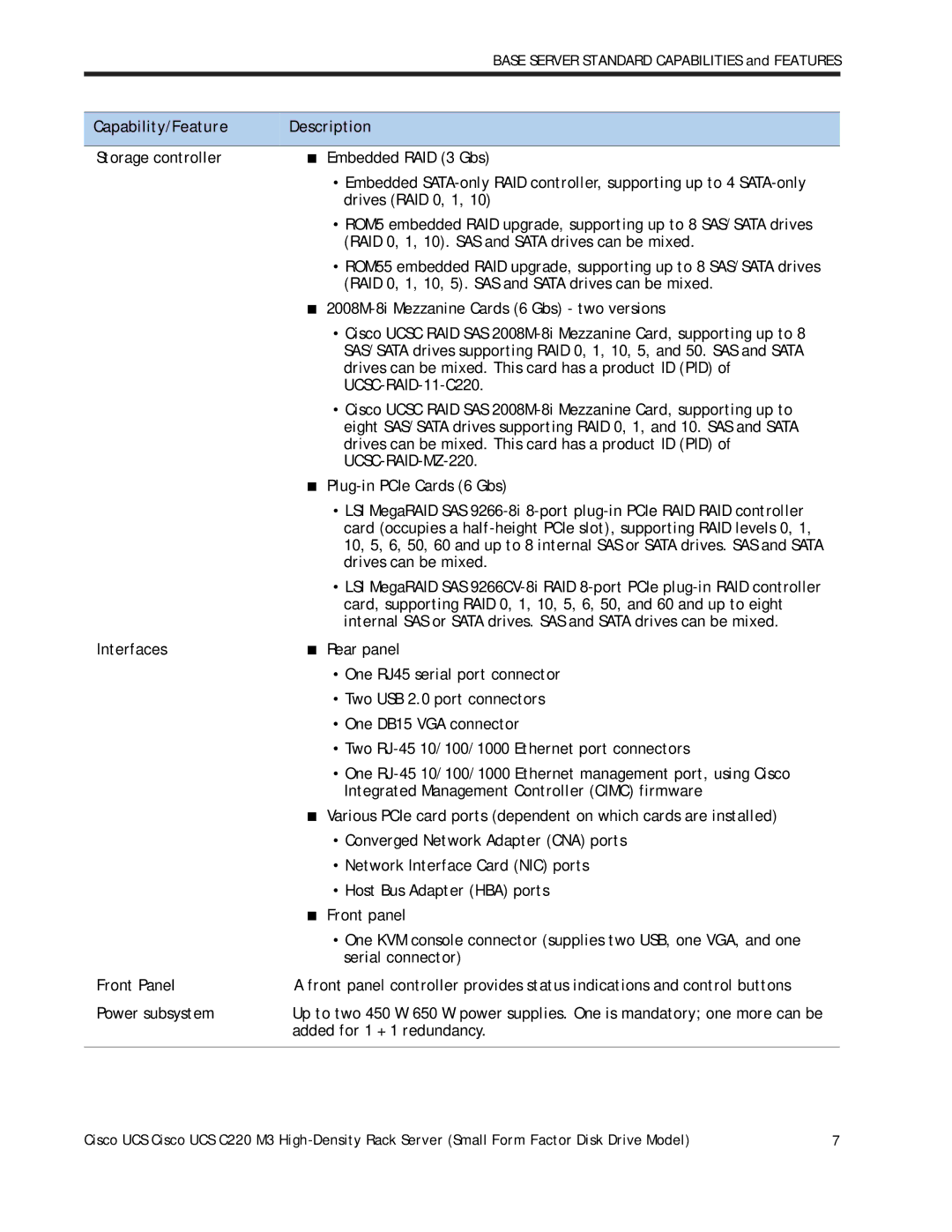 Cisco Systems A03D1TBSATA Capability/Feature Description, UCSC-RAID-MZ-220, Plug-in PCIe Cards 6 Gbs, Drives can be mixed 