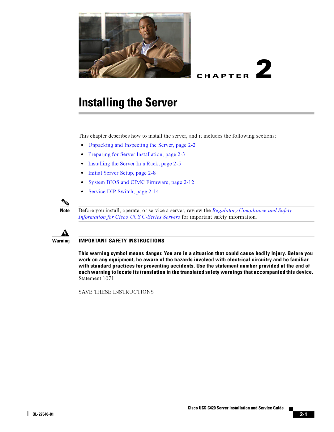 Cisco Systems UCS C420 manual Installing the Server, Statement 