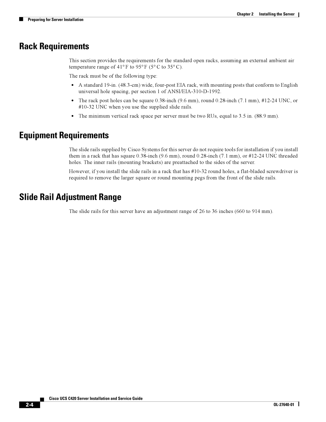 Cisco Systems UCS C420 manual Rack Requirements, Equipment Requirements, Slide Rail Adjustment Range 