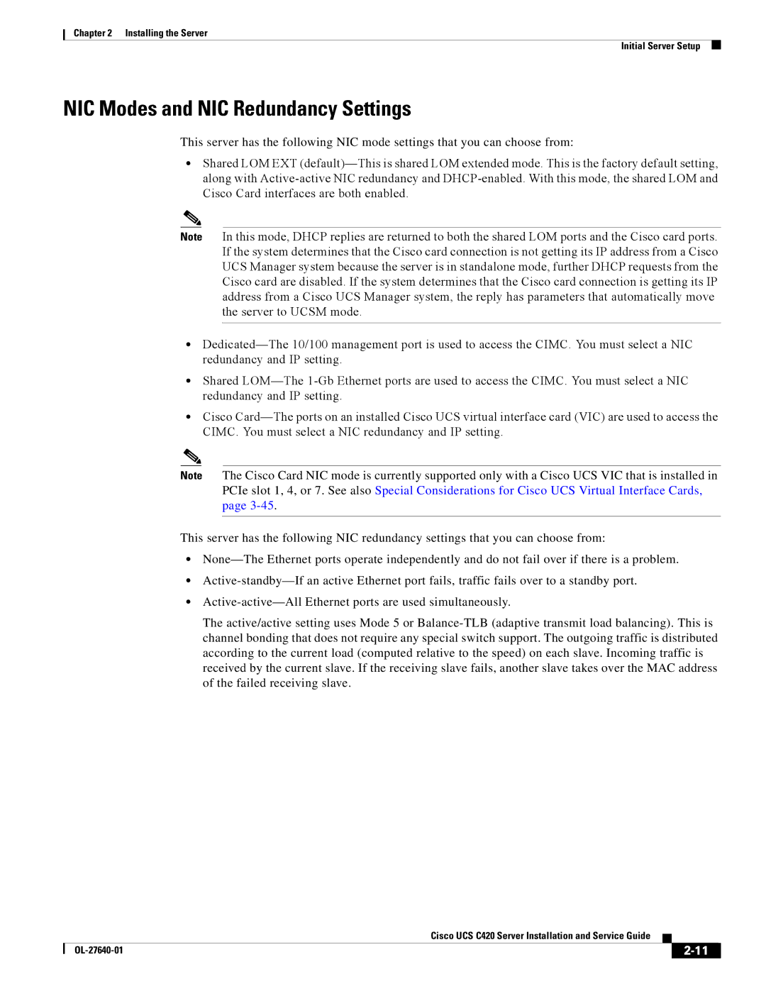 Cisco Systems UCS C420 manual NIC Modes and NIC Redundancy Settings 