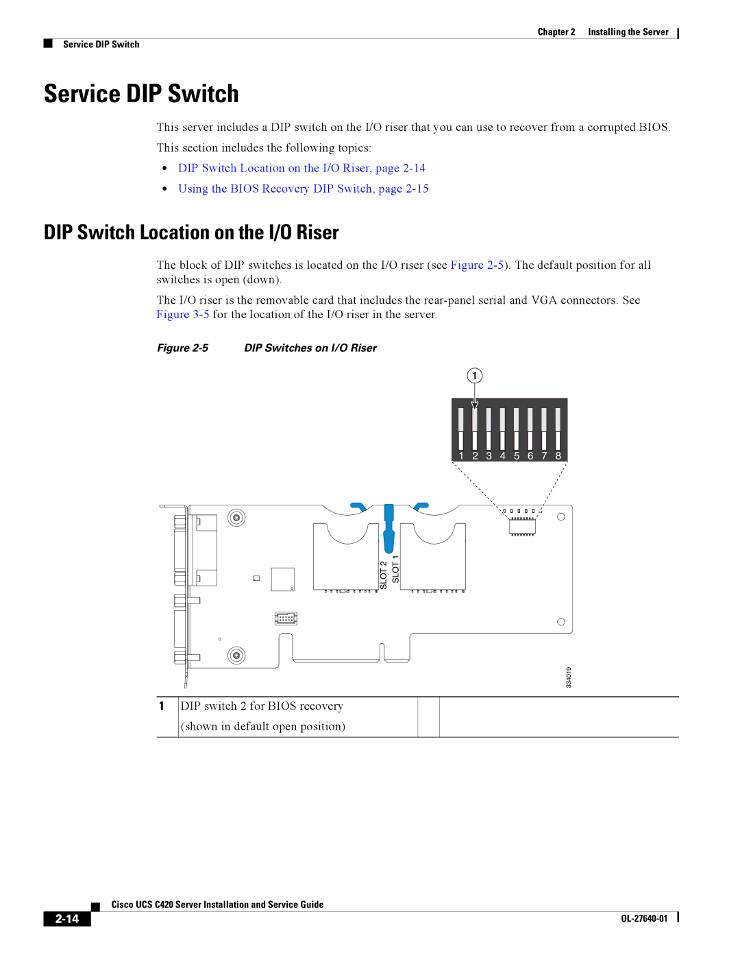 Cisco Systems UCS C420 manual Service DIP Switch, DIP Switch Location on the I/O Riser 