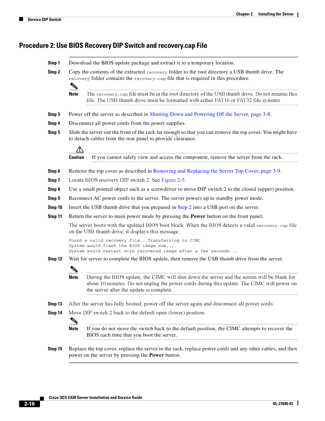 Cisco Systems UCS C420 manual Installing the Server Service DIP Switch 