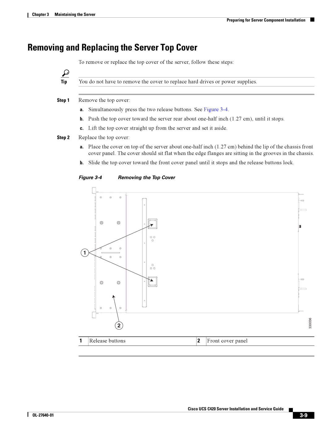 Cisco Systems UCS C420 manual Removing and Replacing the Server Top Cover, Release buttons Front cover panel 