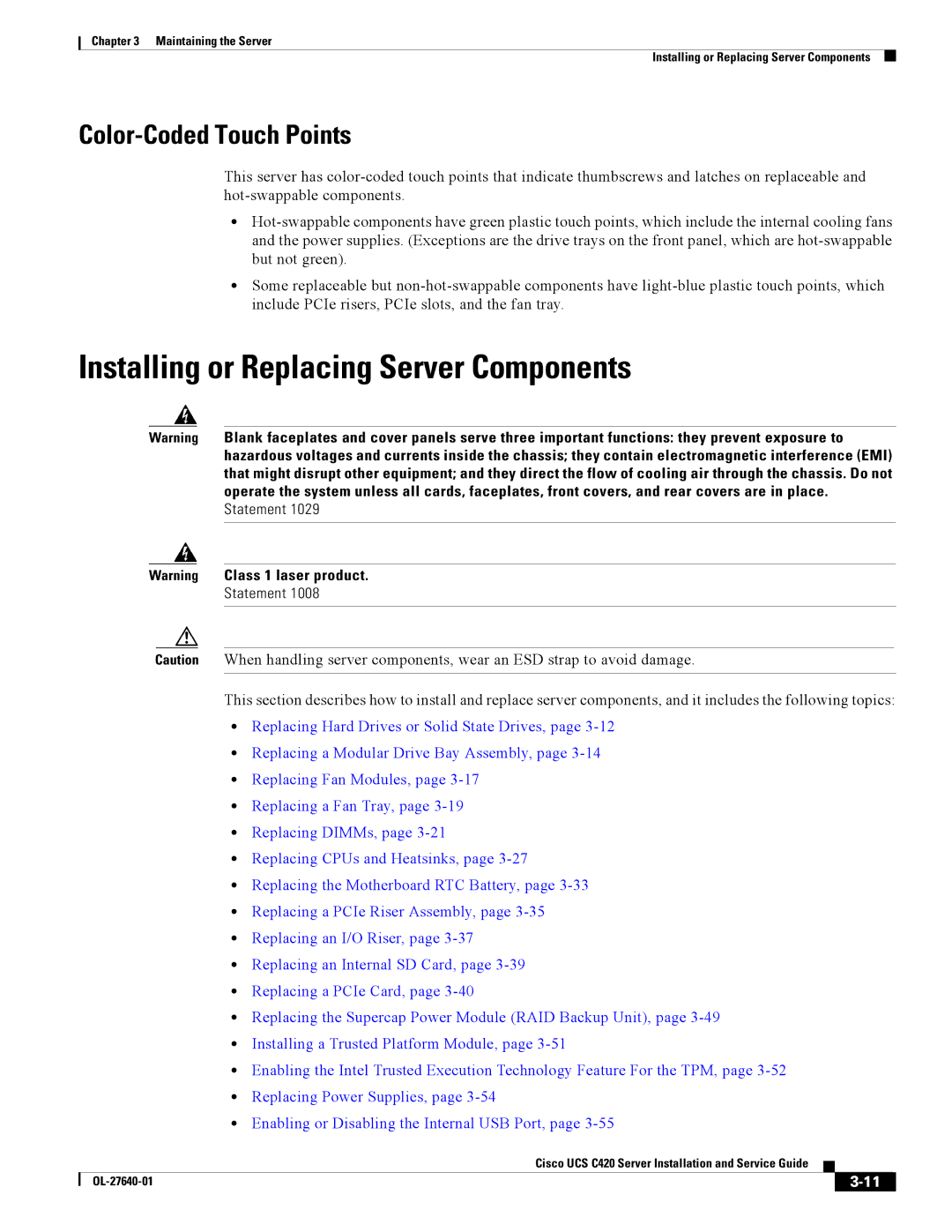 Cisco Systems UCS C420 manual Installing or Replacing Server Components, Color-Coded Touch Points 