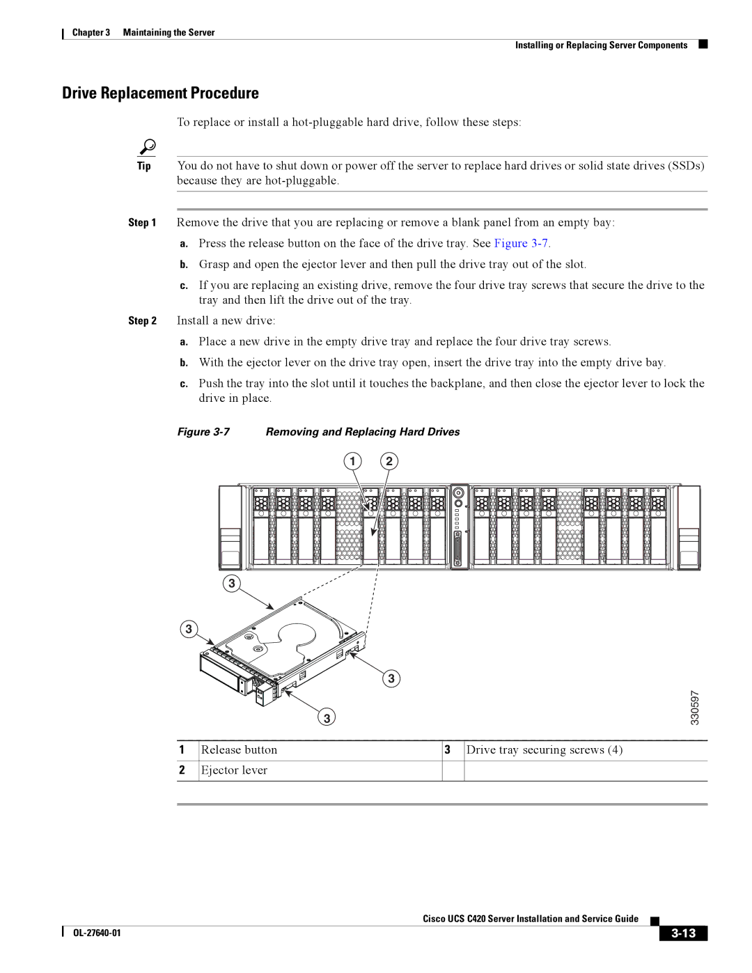 Cisco Systems UCS C420 manual Drive Replacement Procedure, Release button Drive tray securing screws Ejector lever 