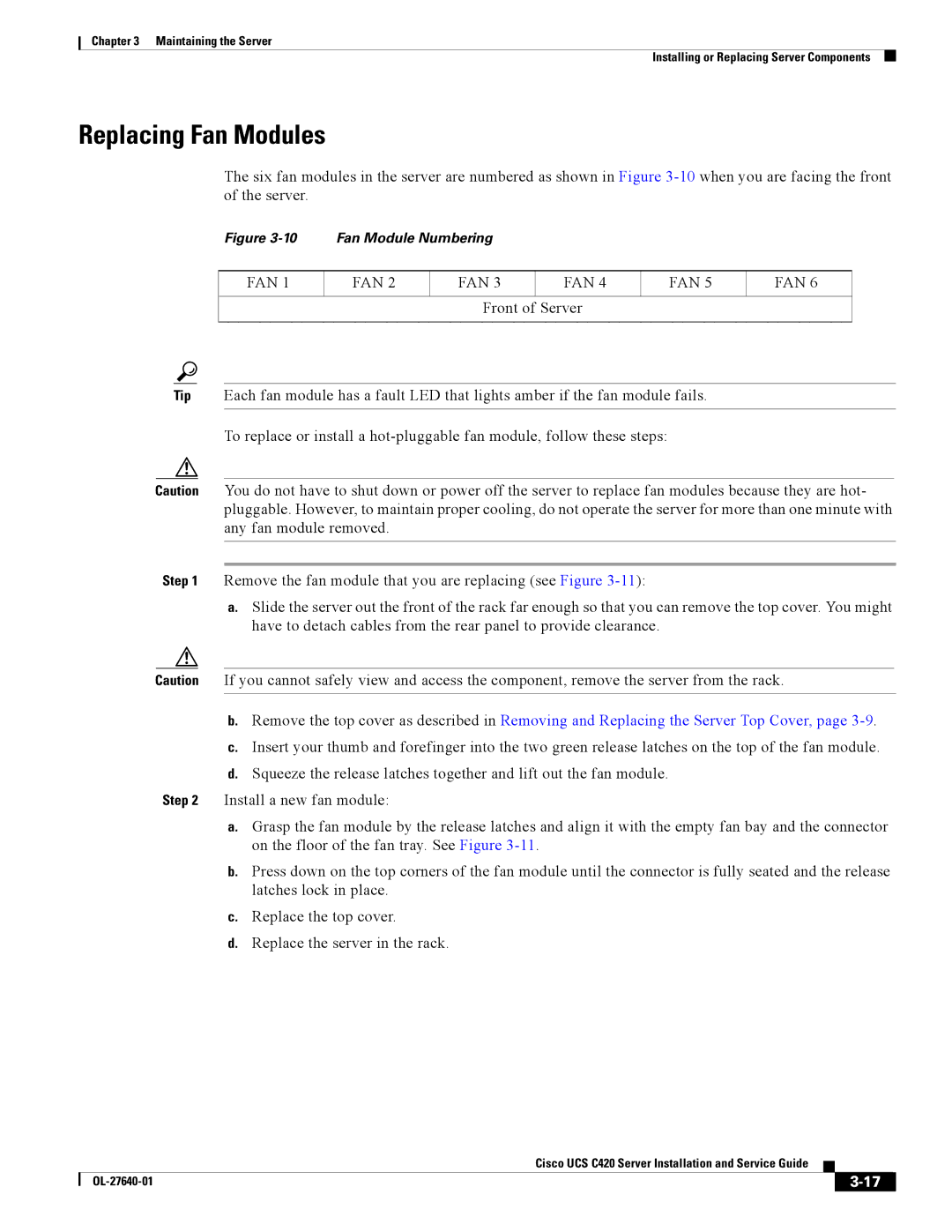 Cisco Systems UCS C420 manual Replacing Fan Modules 