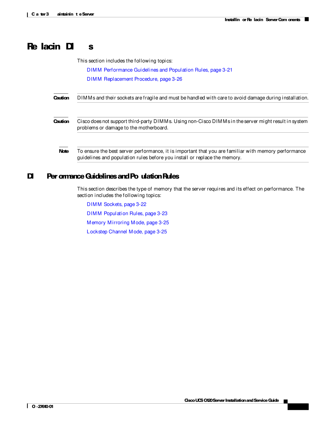 Cisco Systems UCS C420 manual Replacing DIMMs, Dimm Performance Guidelines and Population Rules 