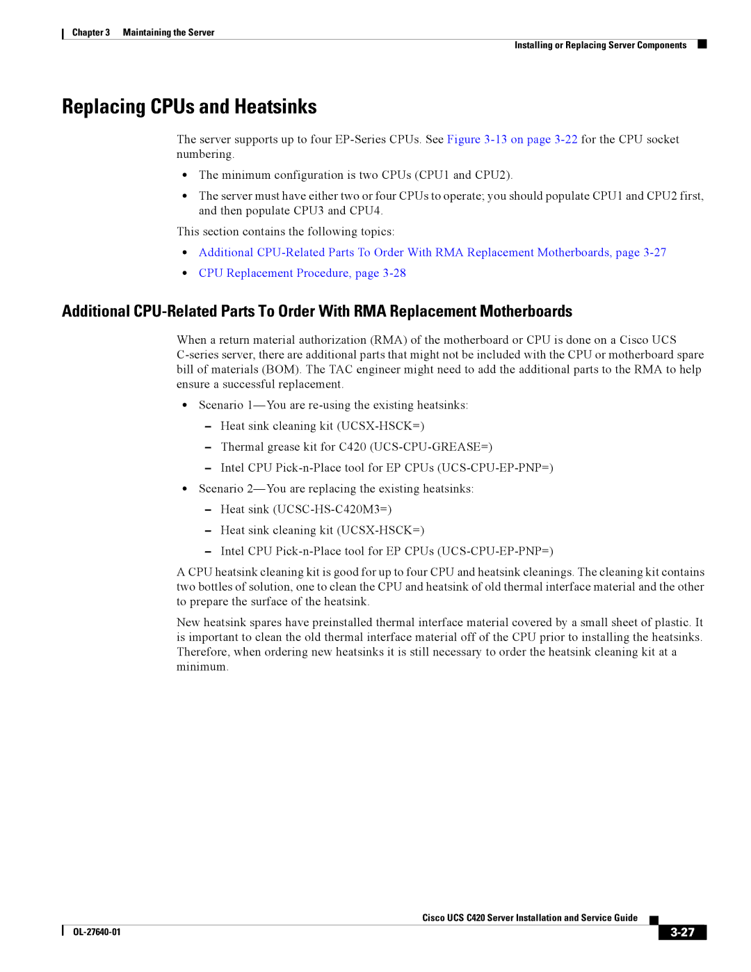 Cisco Systems UCS C420 manual Replacing CPUs and Heatsinks 