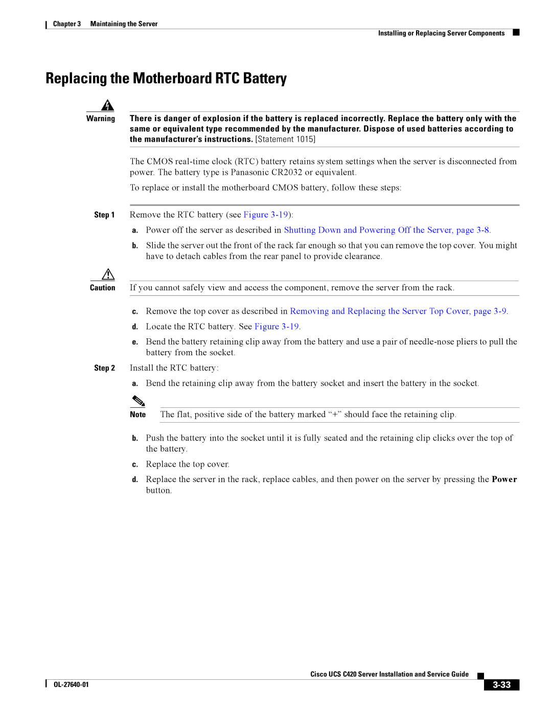 Cisco Systems UCS C420 manual Replacing the Motherboard RTC Battery 