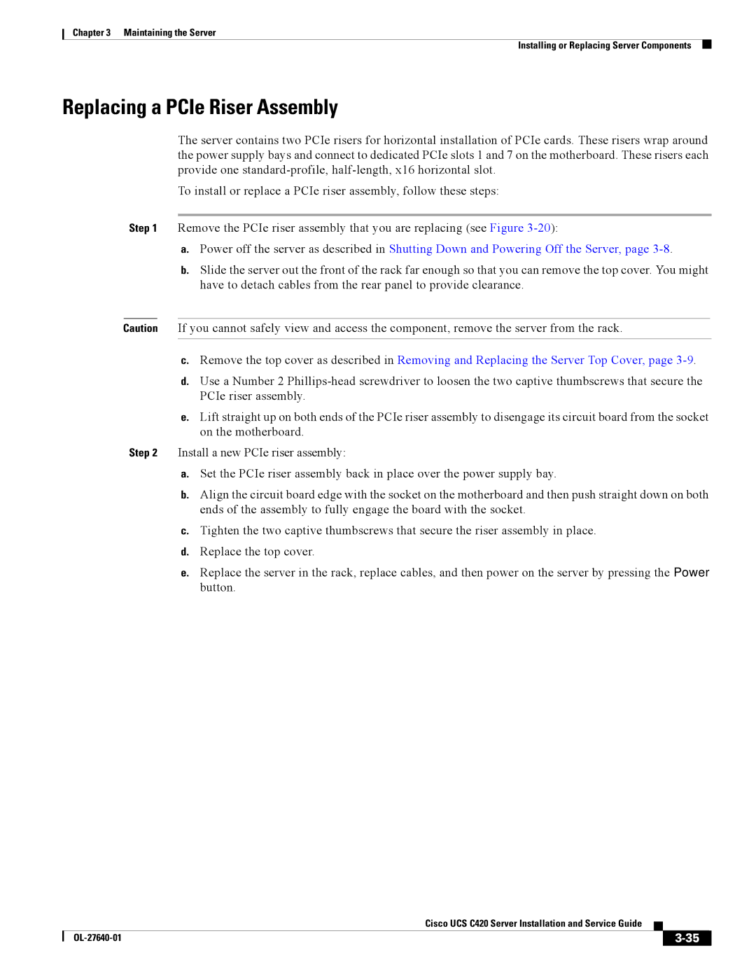 Cisco Systems UCS C420 manual Replacing a PCIe Riser Assembly 