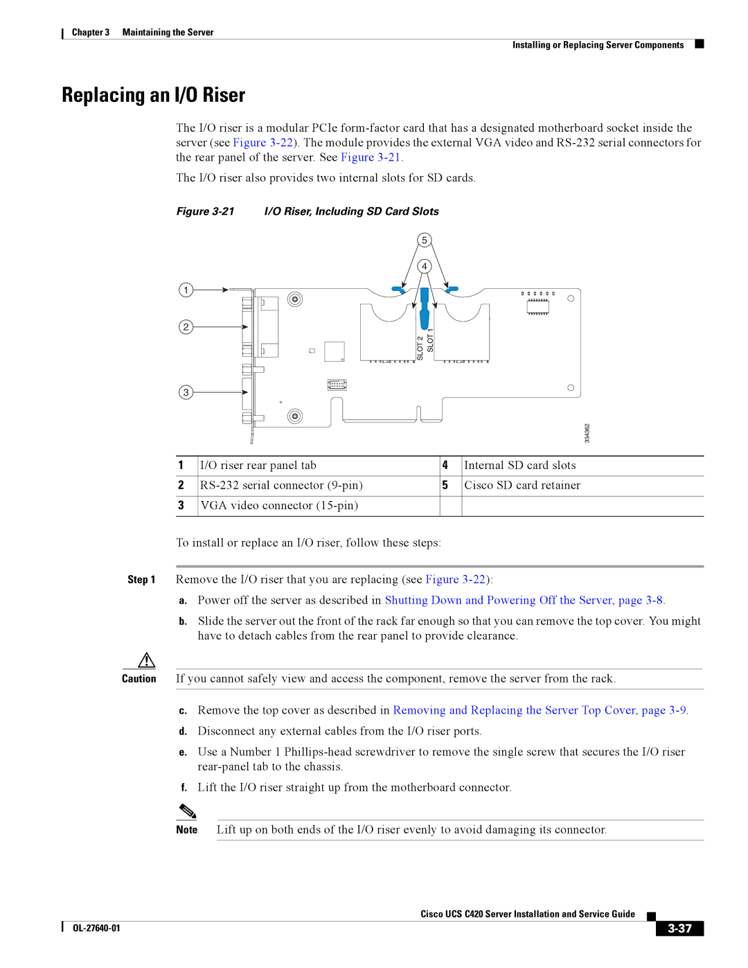 Cisco Systems UCS C420 manual Replacing an I/O Riser, 21 I/O Riser, Including SD Card Slots 