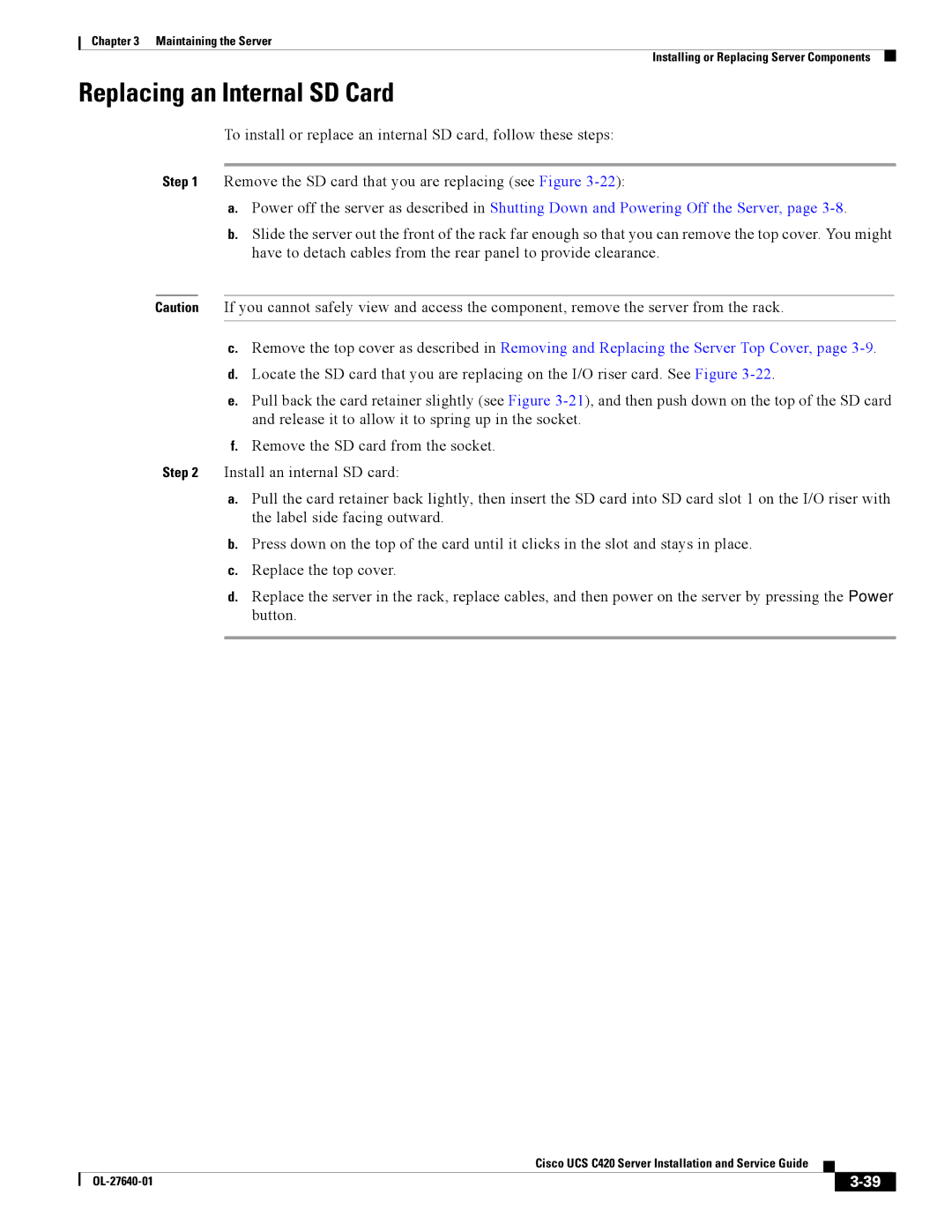 Cisco Systems UCS C420 manual Replacing an Internal SD Card 