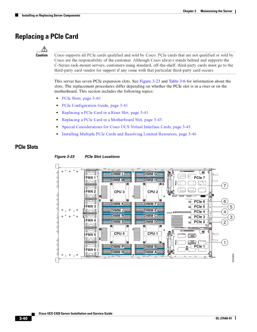 Cisco Systems UCS C420 manual Replacing a PCIe Card, PCIe Slots 