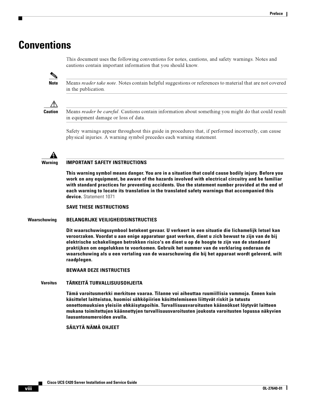 Cisco Systems UCS C420 manual Conventions, Bewaar Deze Instructies 