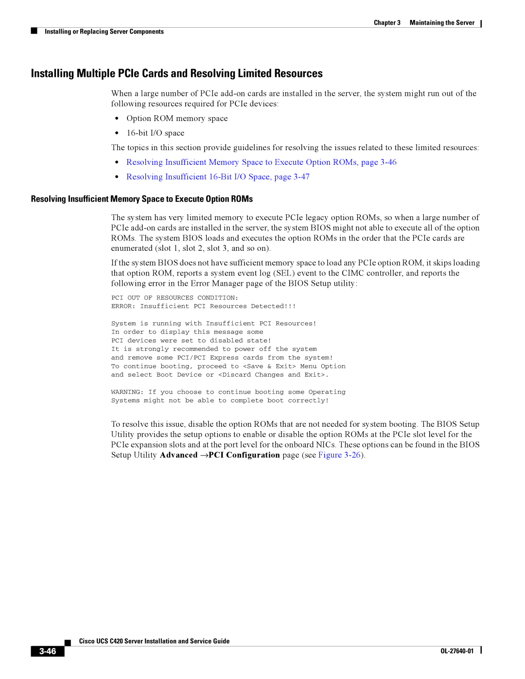 Cisco Systems UCS C420 manual Resolving Insufficient Memory Space to Execute Option ROMs 