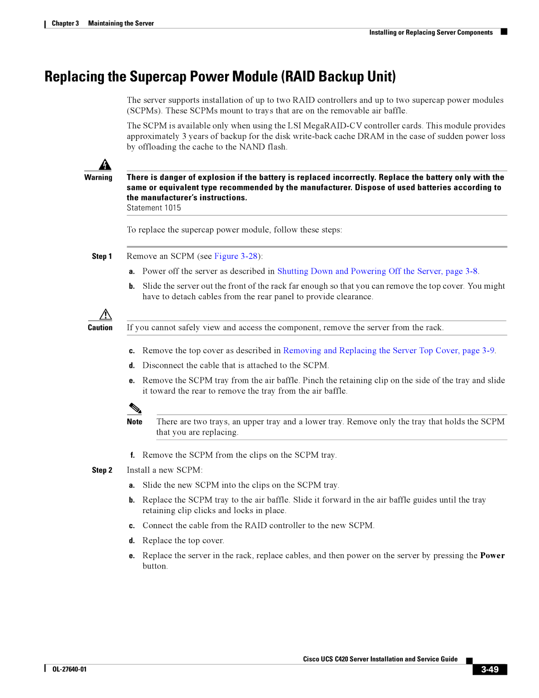 Cisco Systems UCS C420 manual Replacing the Supercap Power Module RAID Backup Unit 