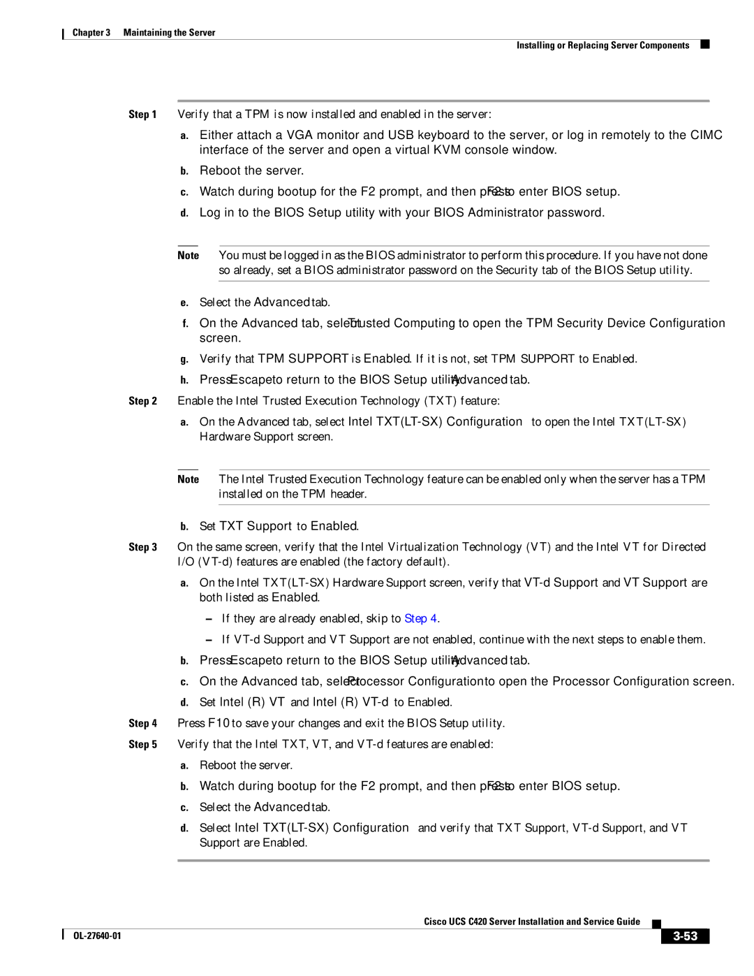 Cisco Systems UCS C420 manual Set TXT Support to Enabled 