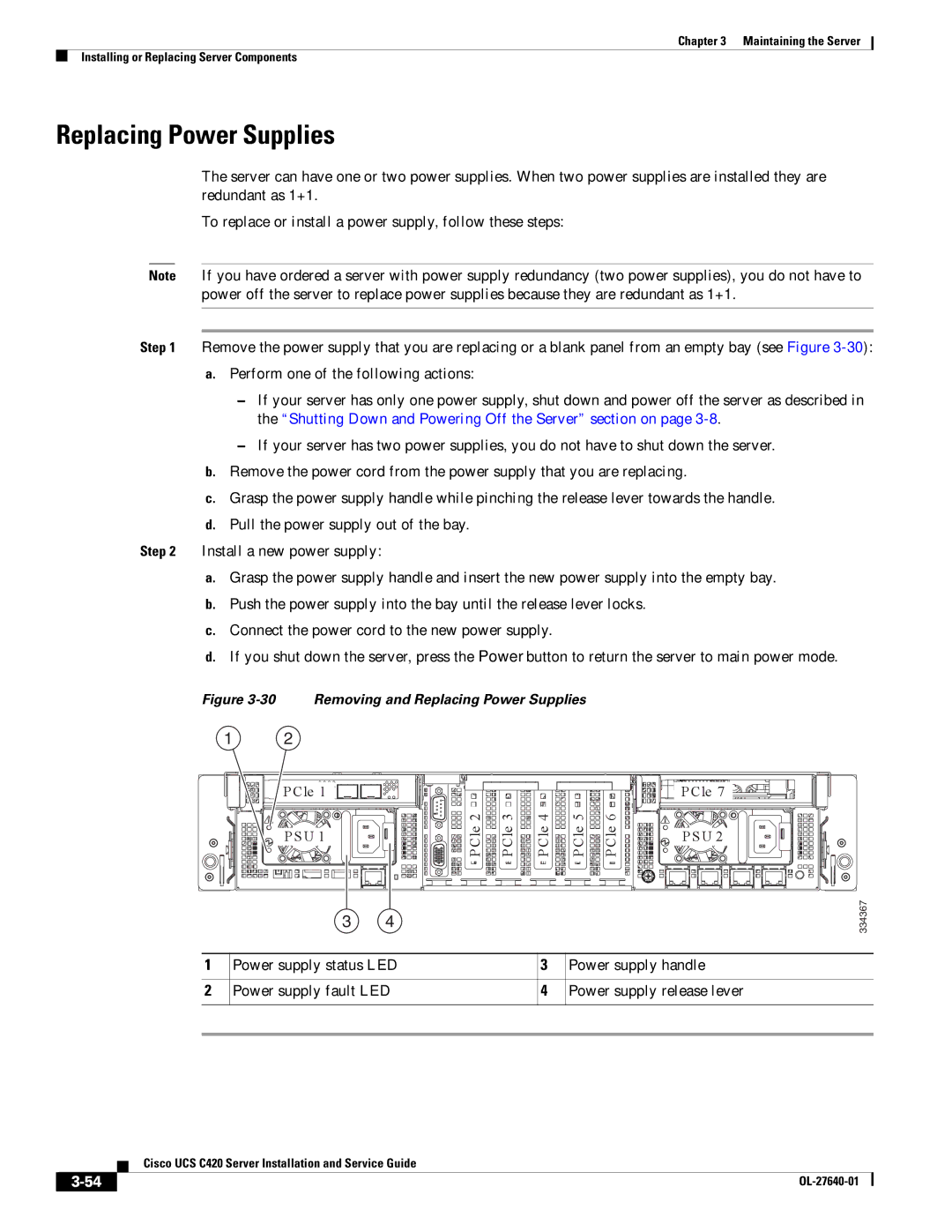 Cisco Systems UCS C420 manual Removing and Replacing Power Supplies 