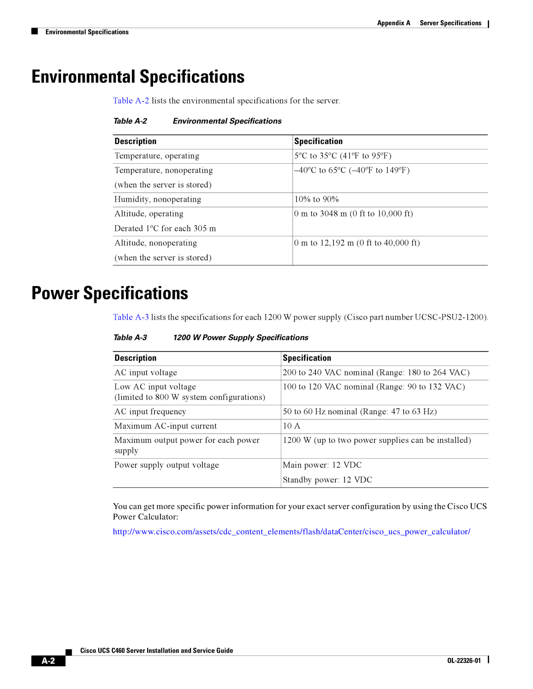 Cisco Systems UCS C420 manual Environmental Specifications, Power Specifications 