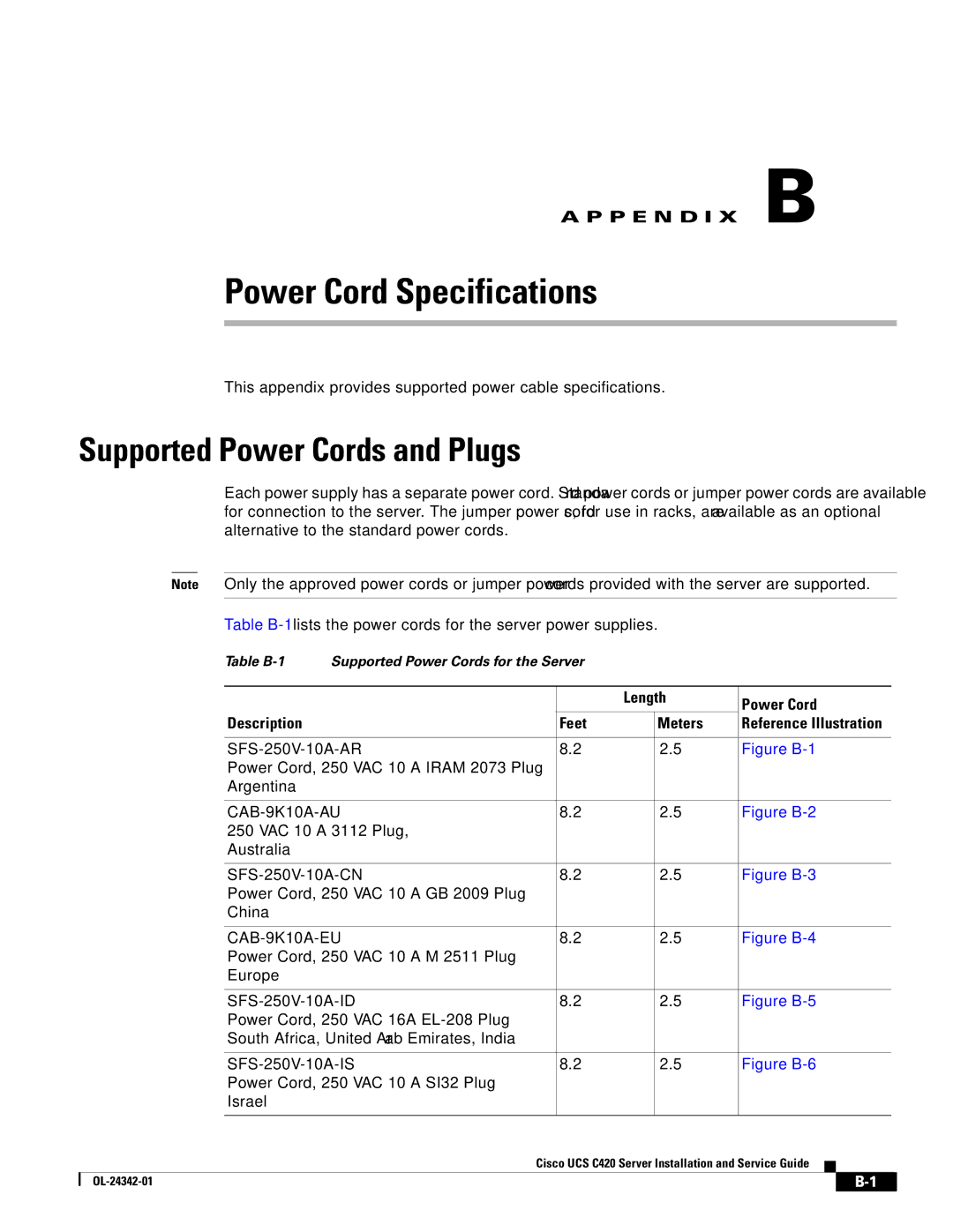 Cisco Systems UCS C420 manual Supported Power Cords and Plugs, Length Power Cord Description Feet Meters 