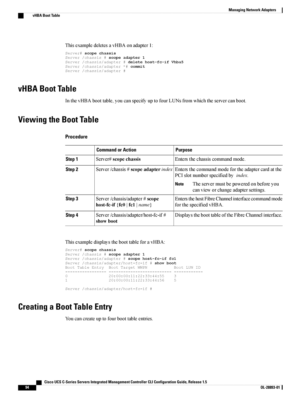 Cisco Systems UCSCPCIEBTG VHBA Boot Table, Viewing the Boot Table, Creating a Boot Table Entry, Host-fc-if fc0 fc1 name 