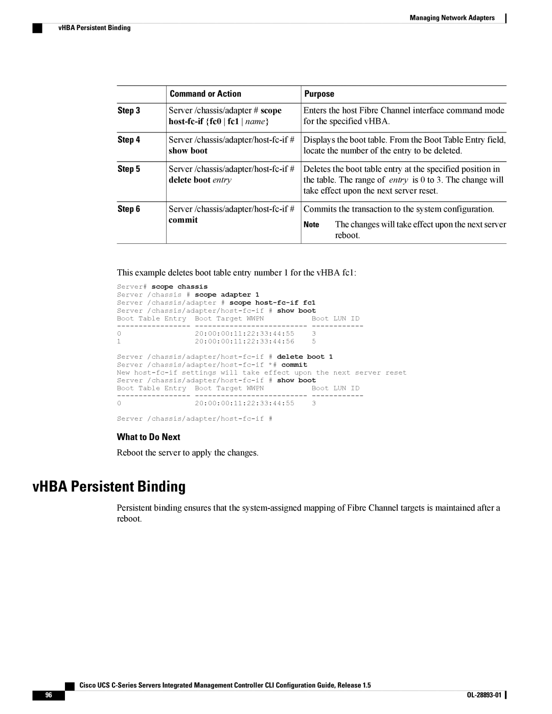 Cisco Systems UCSCPCIEBTG, 57712 VHBA Persistent Binding, Locate the number of the entry to be deleted, Delete boot entry 