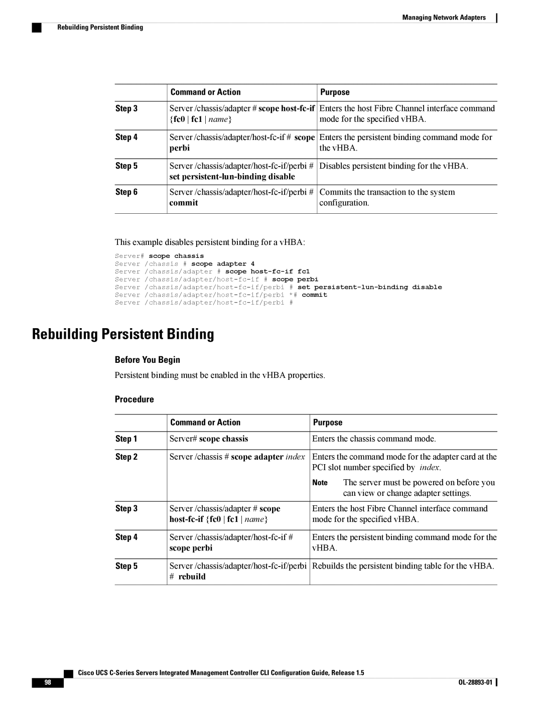 Cisco Systems UCSCPCIEBTG, 57712 Rebuilding Persistent Binding, Set persistent-lun-binding disable, Scope perbi, # rebuild 