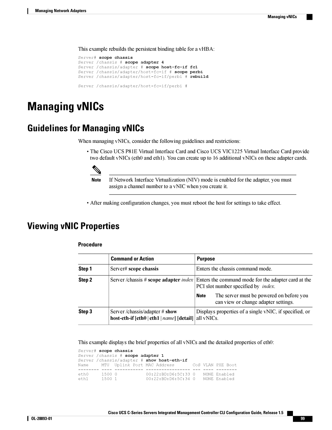 Cisco Systems 57712 manual Guidelines for Managing vNICs, Viewing vNIC Properties, Host-eth-if eth0 eth1 name detail 