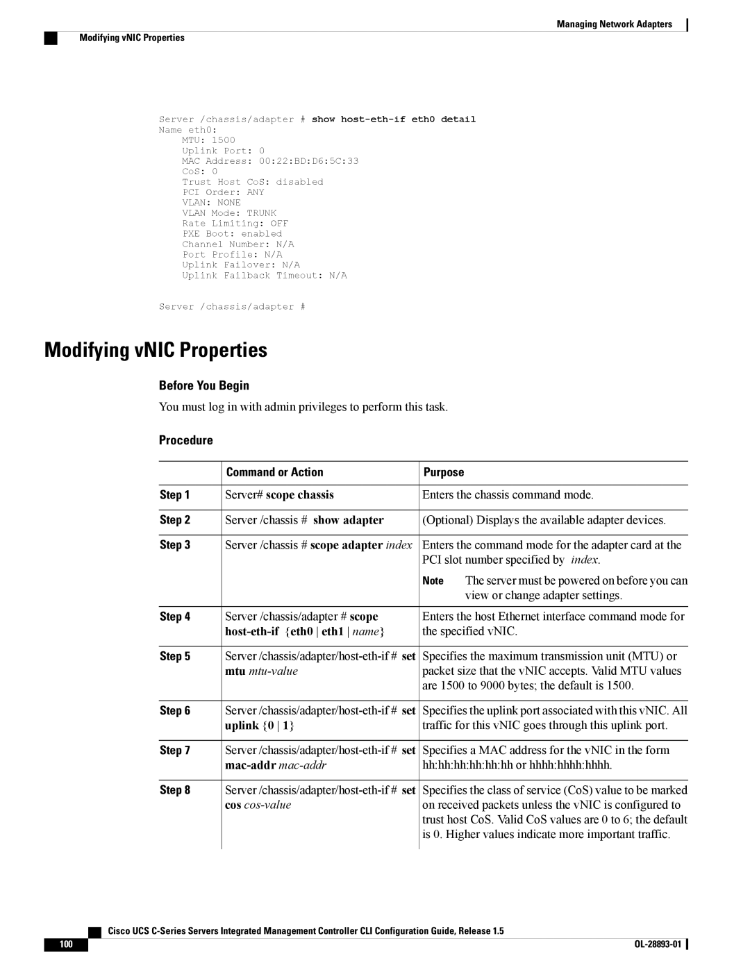 Cisco Systems UCSCPCIEBTG, 57712 manual Modifying vNIC Properties, Host-eth-if eth0 eth1 name, Uplink 0 