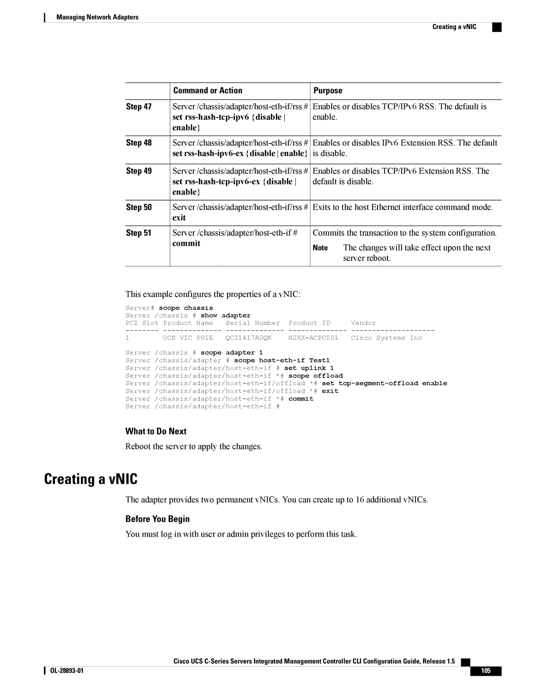 Cisco Systems 57712, UCSCPCIEBTG manual Creating a vNIC, Set rss-hash-tcp-ipv6 disable, Set rss-hash-ipv6-ex disable enable 