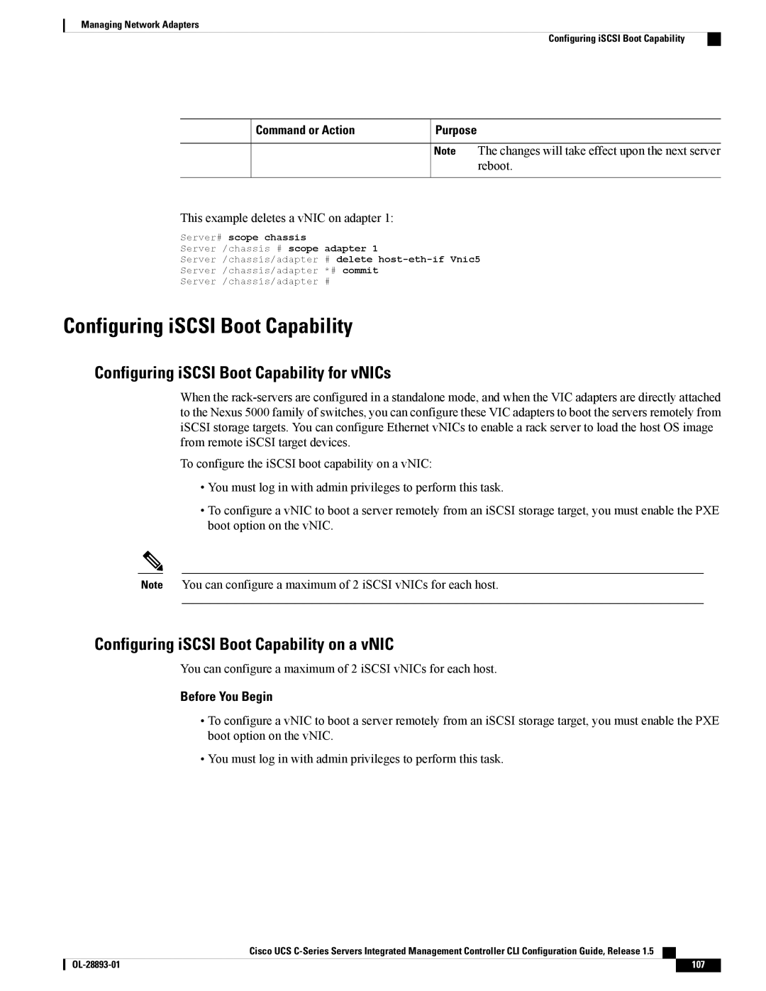 Cisco Systems 57712, UCSCPCIEBTG manual Configuring iSCSI Boot Capability, Reboot, This example deletes a vNIC on adapter 