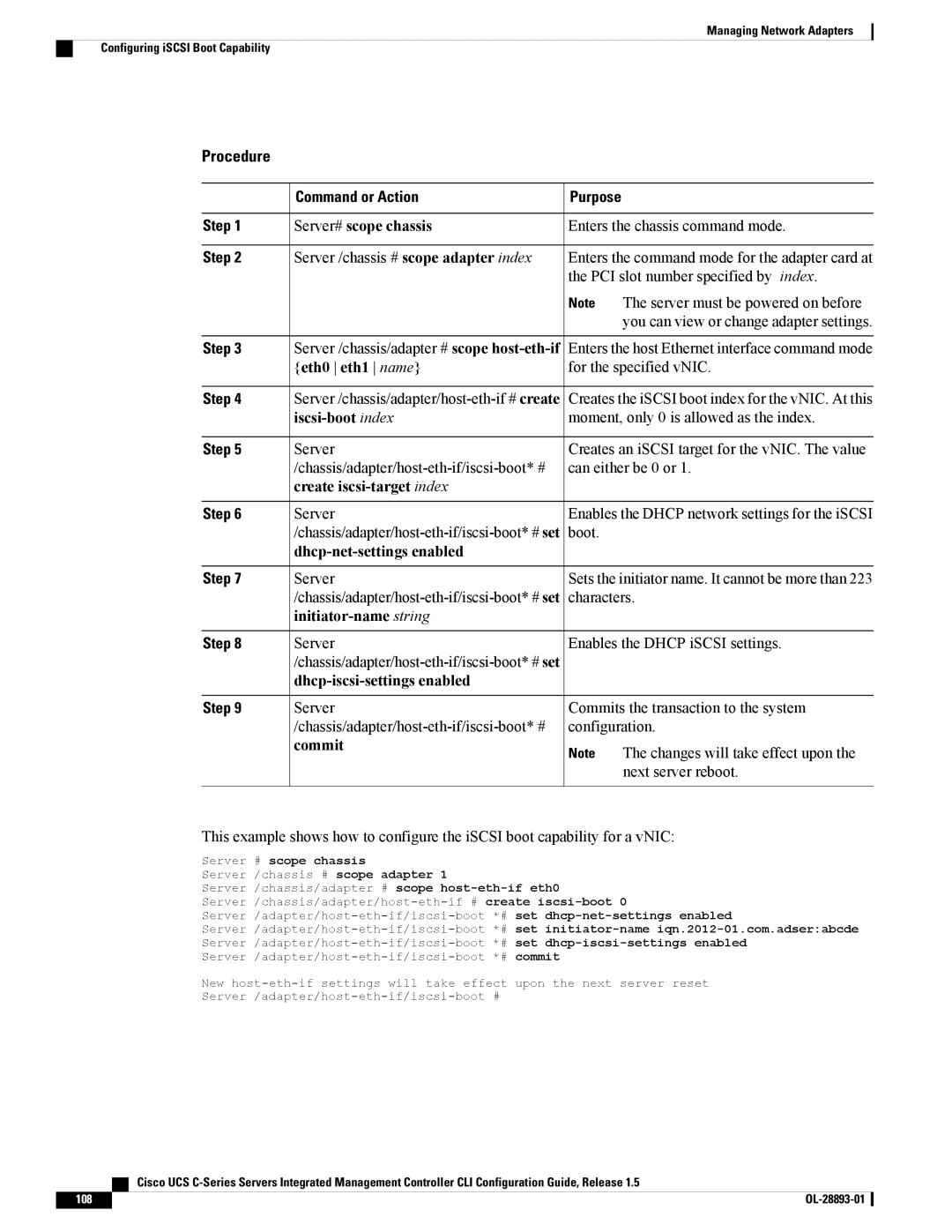 Cisco Systems UCSCPCIEBTG, 57712 Eth0 eth1 name, Iscsi-boot index, Create iscsi-target index, Dhcp-net-settings enabled 