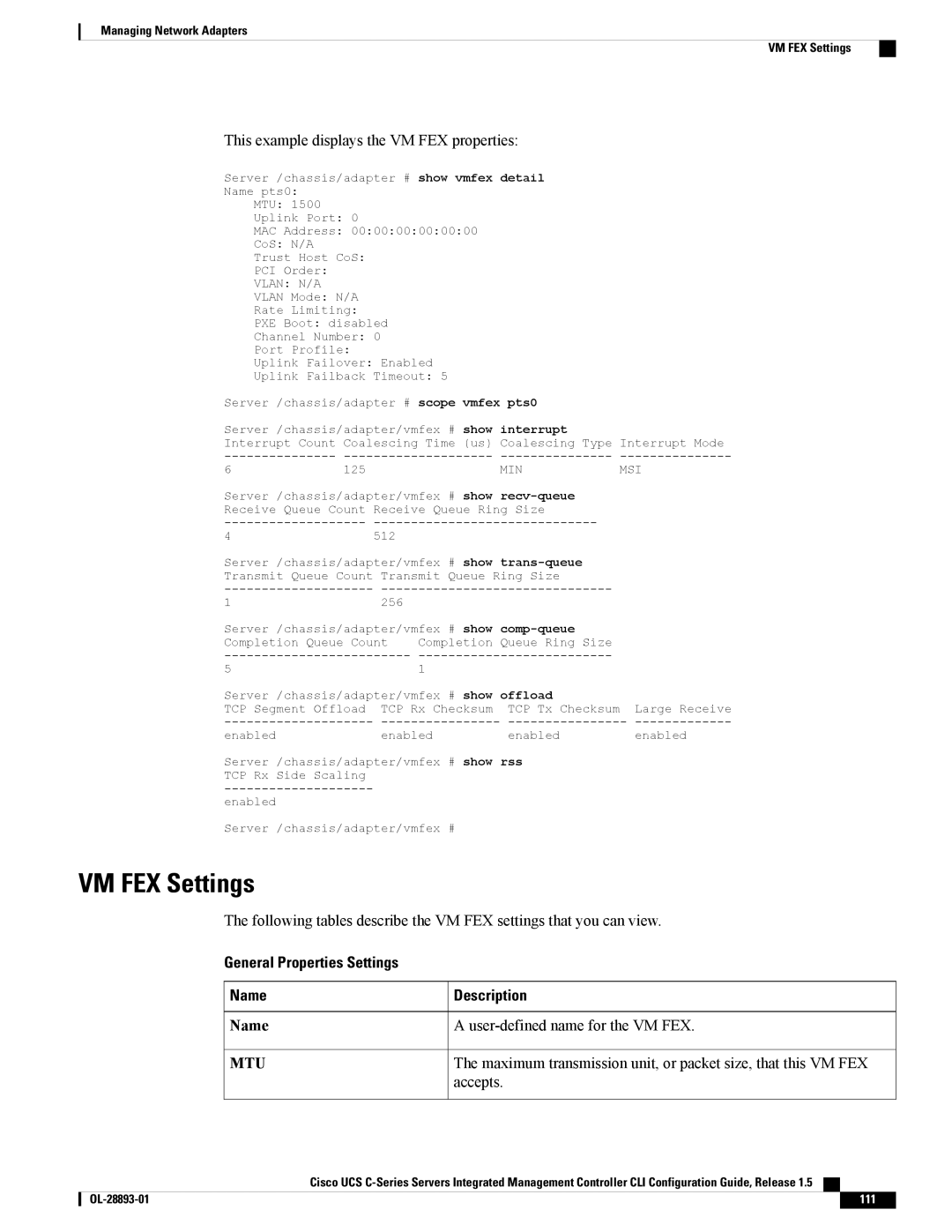 Cisco Systems 57712, UCSCPCIEBTG manual VM FEX Settings, General Properties Settings Name Description 