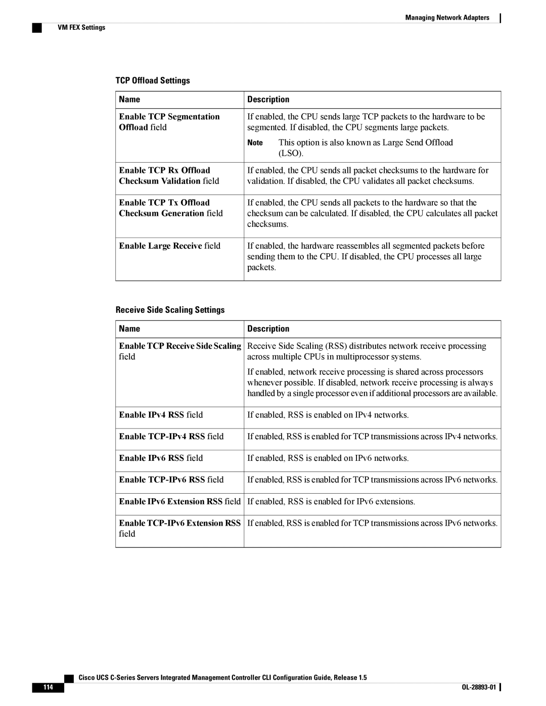 Cisco Systems UCSCPCIEBTG, 57712 manual TCP Offload Settings Name Description, Receive Side Scaling Settings Name 