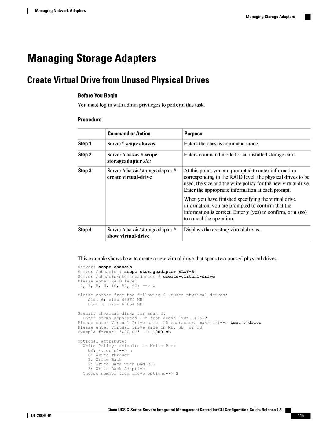 Cisco Systems 57712 manual Managing Storage Adapters, Create Virtual Drive from Unused Physical Drives, Storageadapter slot 