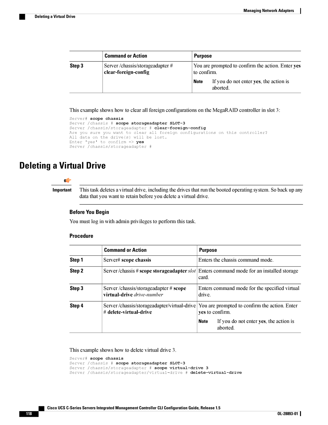 Cisco Systems UCSCPCIEBTG, 57712 manual Deleting a Virtual Drive, Clear-foreign-config, # delete-virtual-drive 