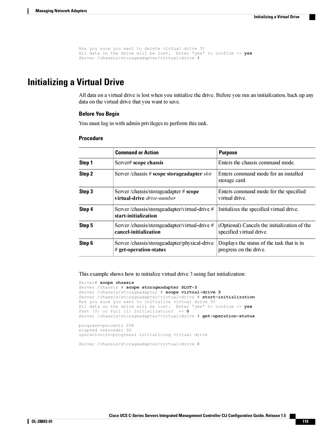 Cisco Systems 57712 Initializing a Virtual Drive, Start-initialization, Cancel-initialization, # get-operation-status 