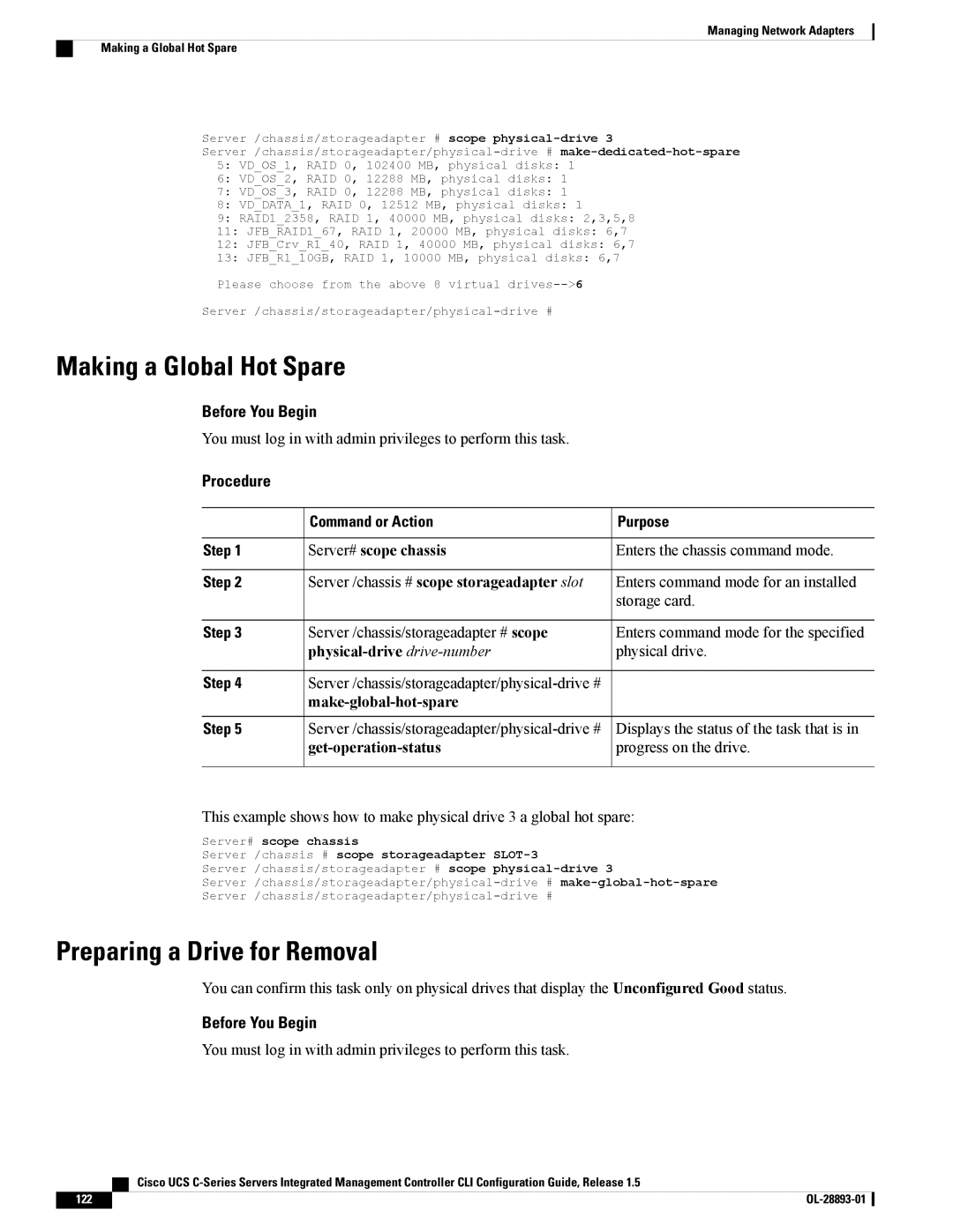 Cisco Systems UCSCPCIEBTG, 57712 manual Making a Global Hot Spare, Preparing a Drive for Removal, Make-global-hot-spare 