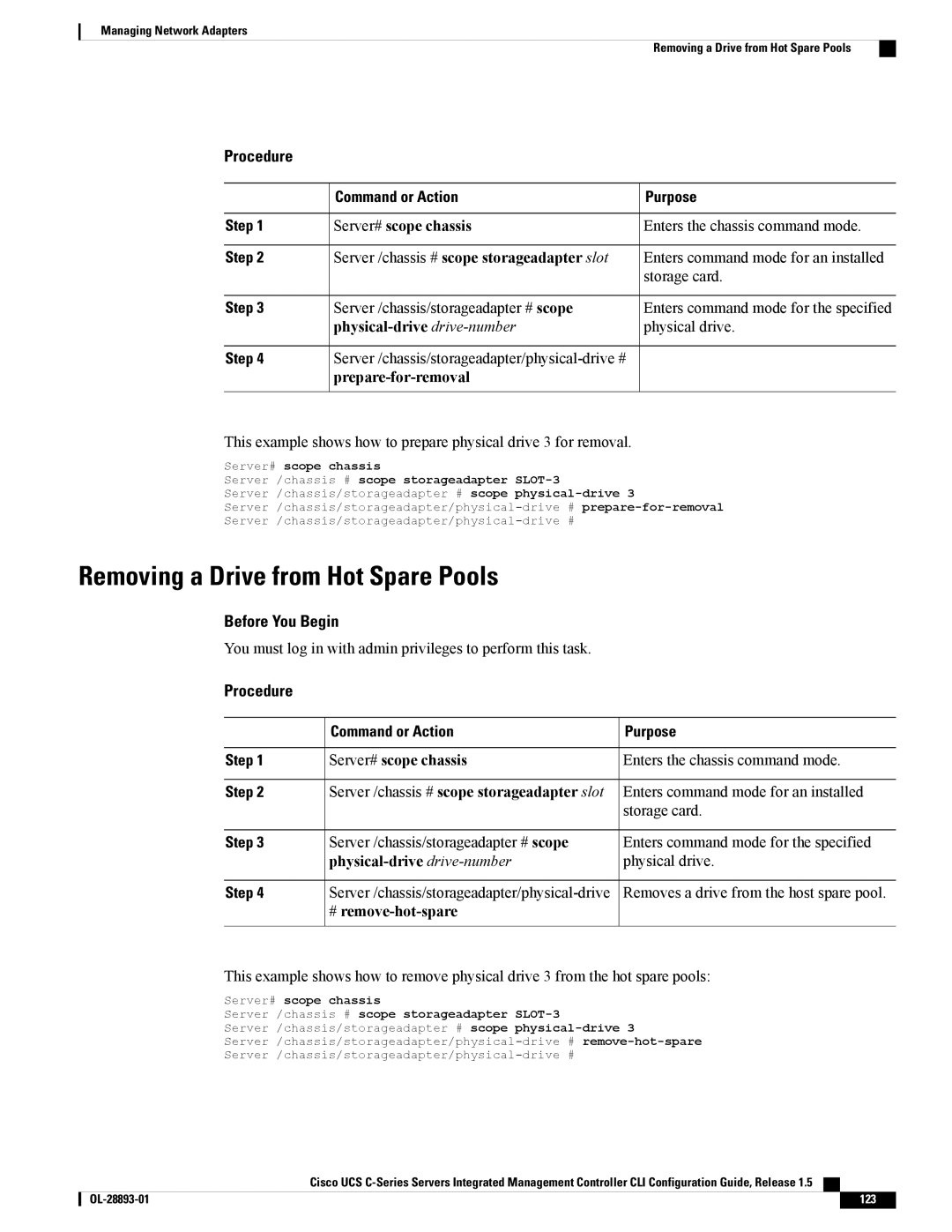 Cisco Systems 57712, UCSCPCIEBTG manual Removing a Drive from Hot Spare Pools, Prepare-for-removal, # remove-hot-spare 