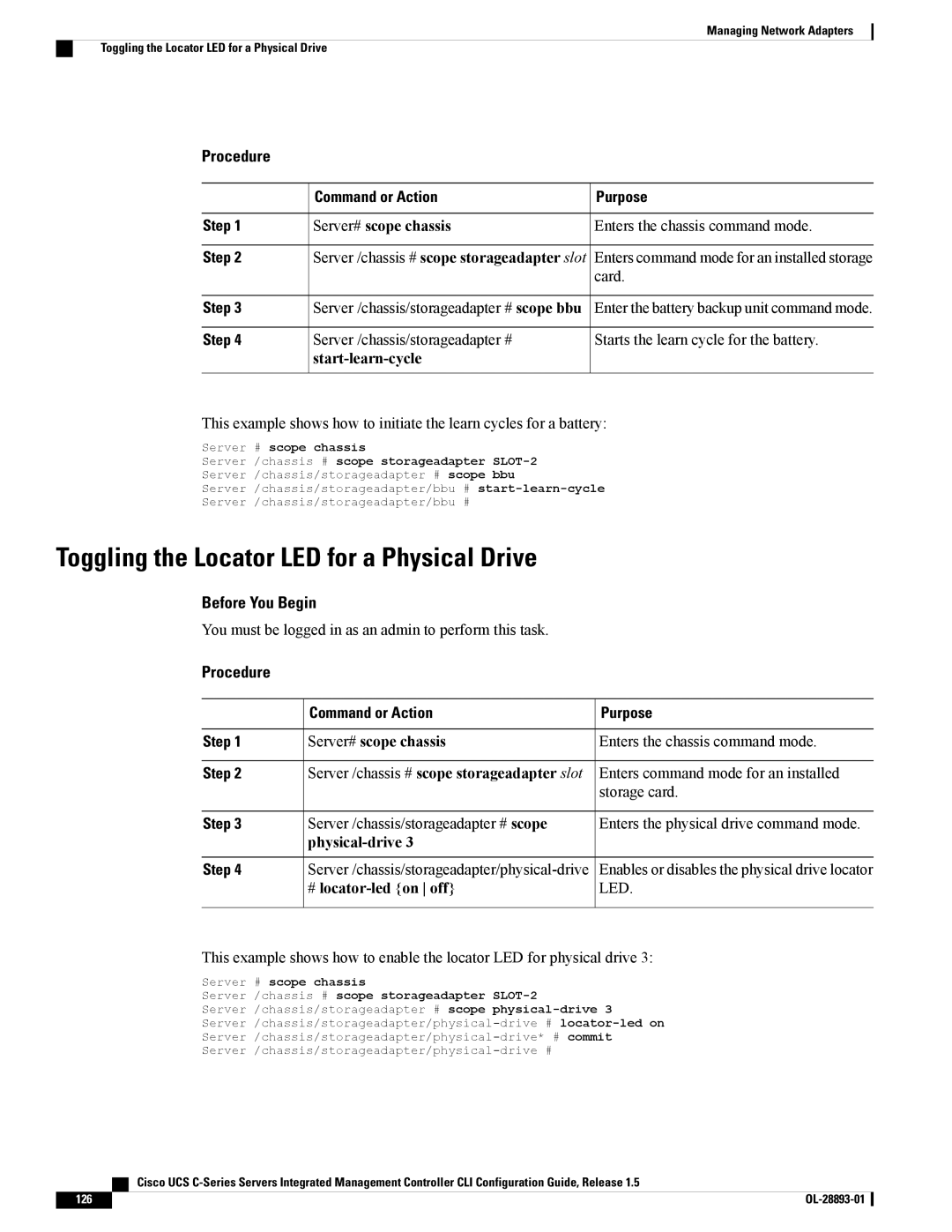 Cisco Systems UCSCPCIEBTG, 57712 manual Toggling the Locator LED for a Physical Drive, Start-learn-cycle, Physical-drive 