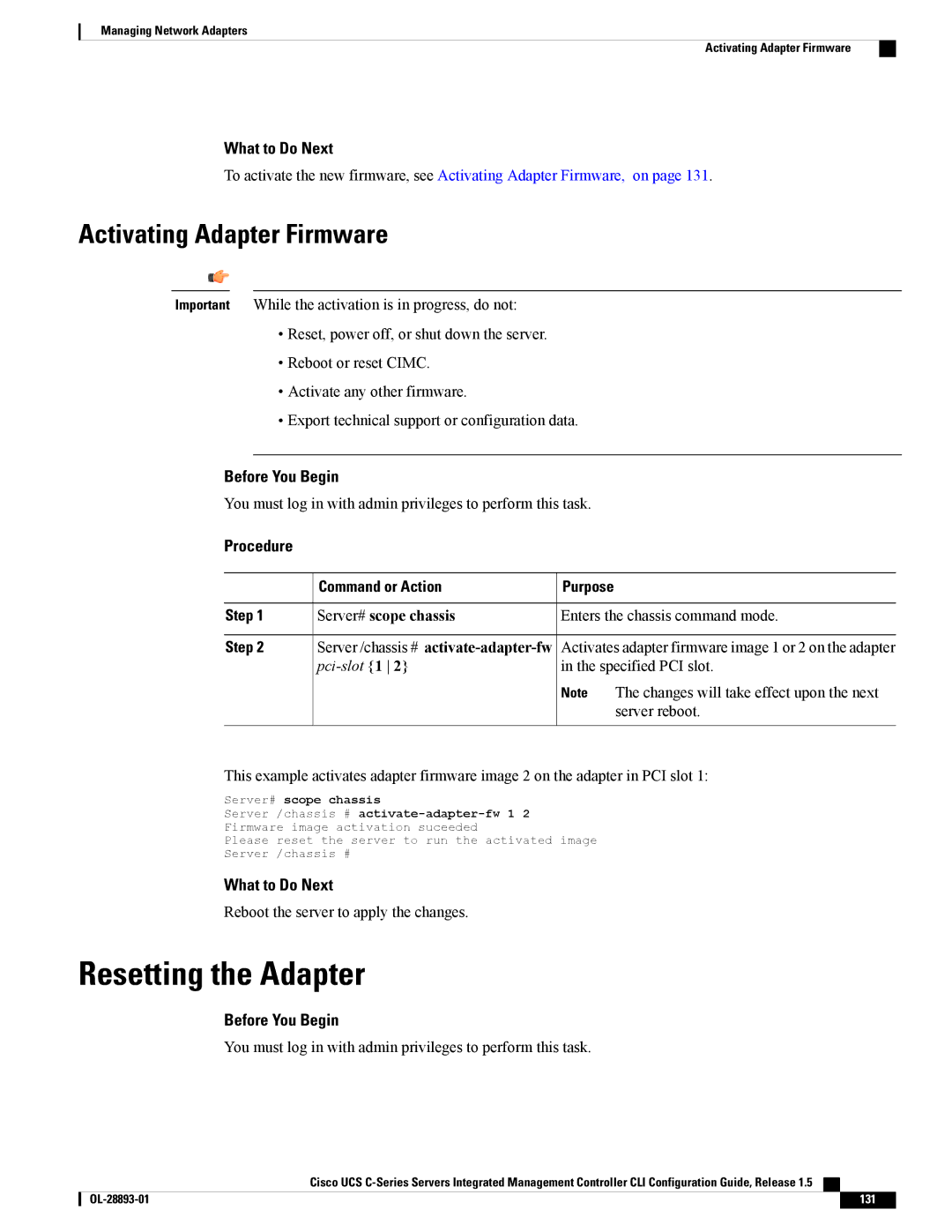 Cisco Systems 57712, UCSCPCIEBTG Resetting the Adapter, Activating Adapter Firmware, Server /chassis # activate-adapter-fw 